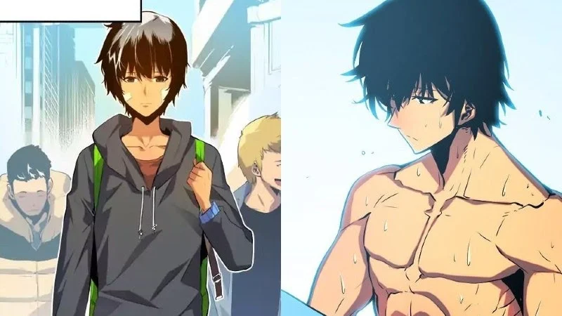 Gambar ini memperlihatkan transformasi Sung Jin-woo dari Hunter terlemah yang lesu menjadi ksatria berotot dan tangguh.